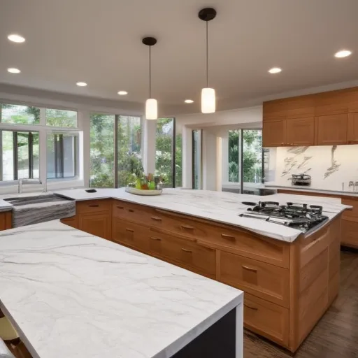 

A modern kitchen with a large island in the center, featuring a marble countertop and plenty of storage space.