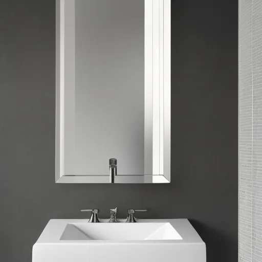 

A close-up of a modern, rectangular bathroom mirror with a sleek, silver frame, hung above a white sink.