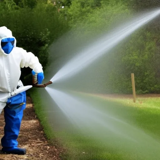 

A photo of a professional exterminator in protective gear spraying a pesticide in a home to eliminate pests.