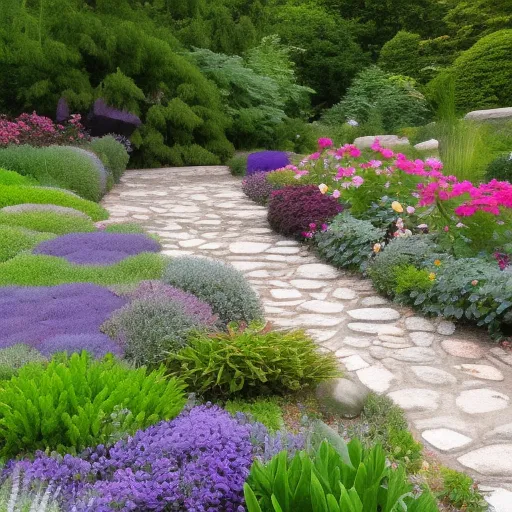

A picture of a beautiful garden with a variety of plants and flowers, a winding stone path, and a decorative edging of stones around the perimeter.