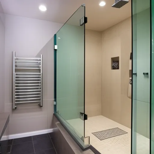 

A photo of a modern, spacious walk-in shower with glass walls, a rainfall shower head, and a built-in bench.