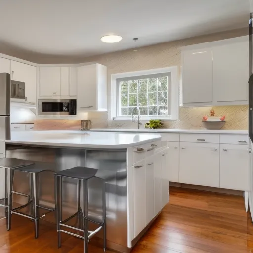 

A modern kitchen with white cabinets, stainless steel appliances, and a large island with seating.