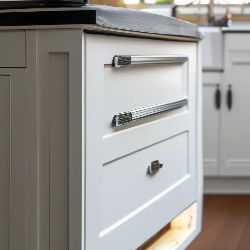 

A close-up of a freshly painted kitchen cabinet in a bright white hue, with a paintbrush and roller nearby.
