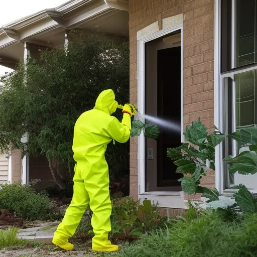 

A photo of a professional exterminator in protective gear spraying a pesticide in a home to eliminate pests.