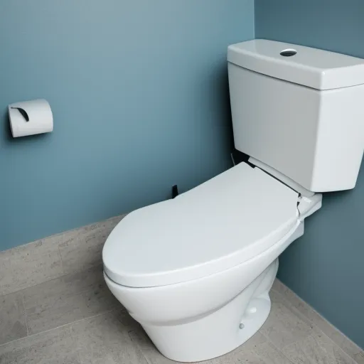 

A close-up of a modern white toilet bowl, with a blue water tank and a white seat.