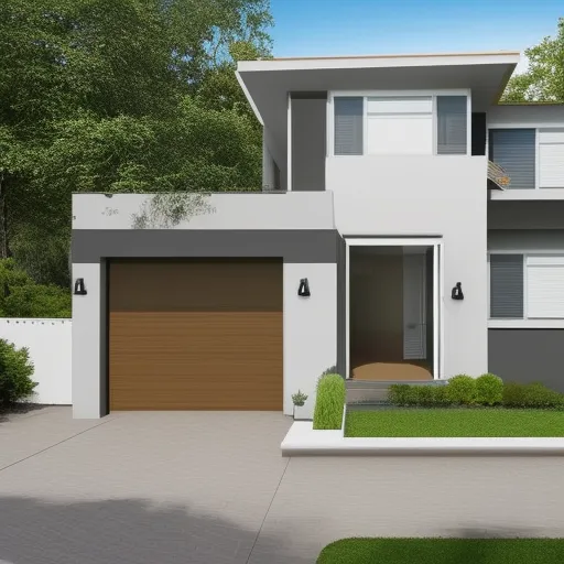 

An image of a three-bedroom house with a modern exterior, featuring a two-car garage and a large backyard.