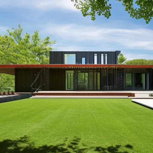 

A modern house with a large front porch, surrounded by lush green landscaping, with a bright blue sky in the background.