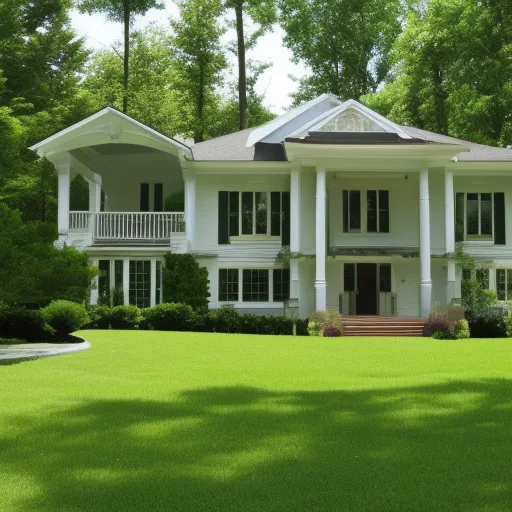 

A picture of a modern, two-story house with a large front porch and a lush green lawn, surrounded by trees.